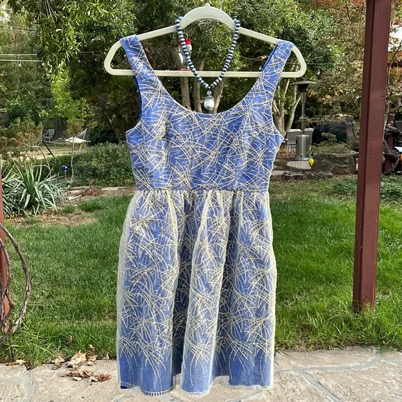 🌺 MINUET; Brand New w/Tags! Unique Blue w/Gold Overlay Party Dress; Misses XS/S - Picture 2 of 13